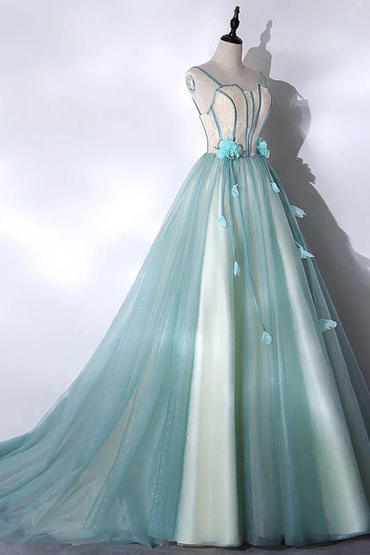 Robe longue en tulle vert menthe à bretelles, robe de soirée longue unique MD7219