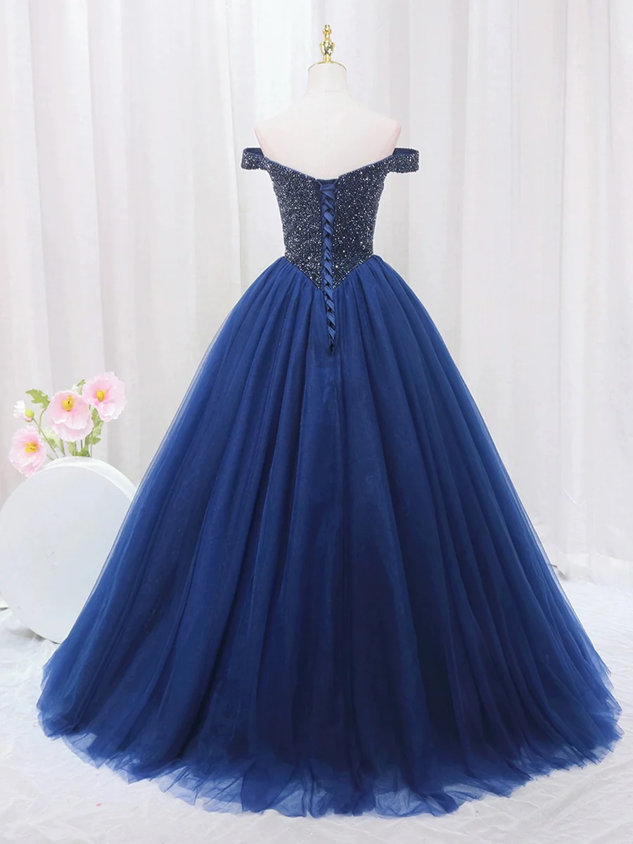 Robe de bal longue en tulle bleu perlé, robe de soirée à épaules dénudées MD7198