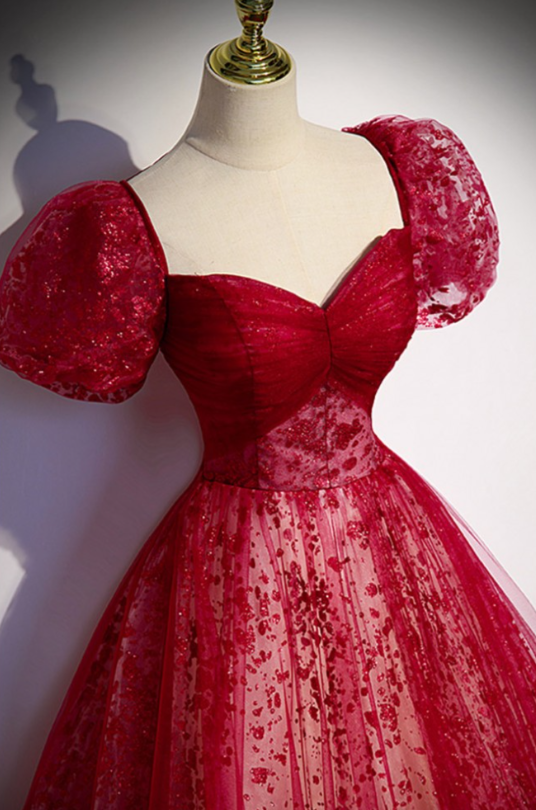 Dreamy Burgundy A-Line Tulle Long Prom Dress Graduation Dress MD7307