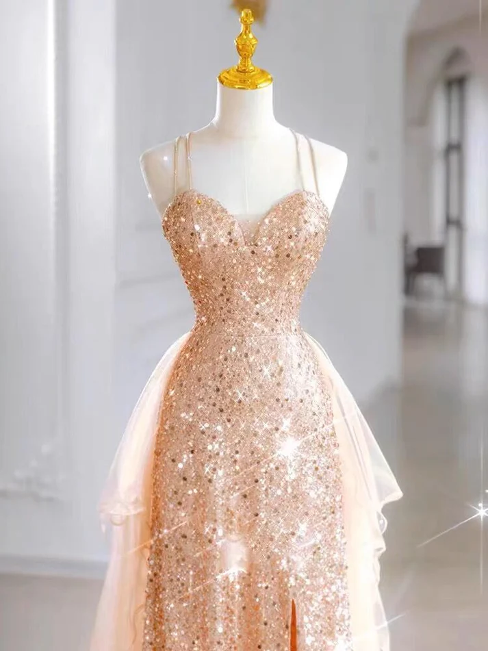 Shiny Pink Straps A-Line Sequins Long Evening Party Dress MD7334