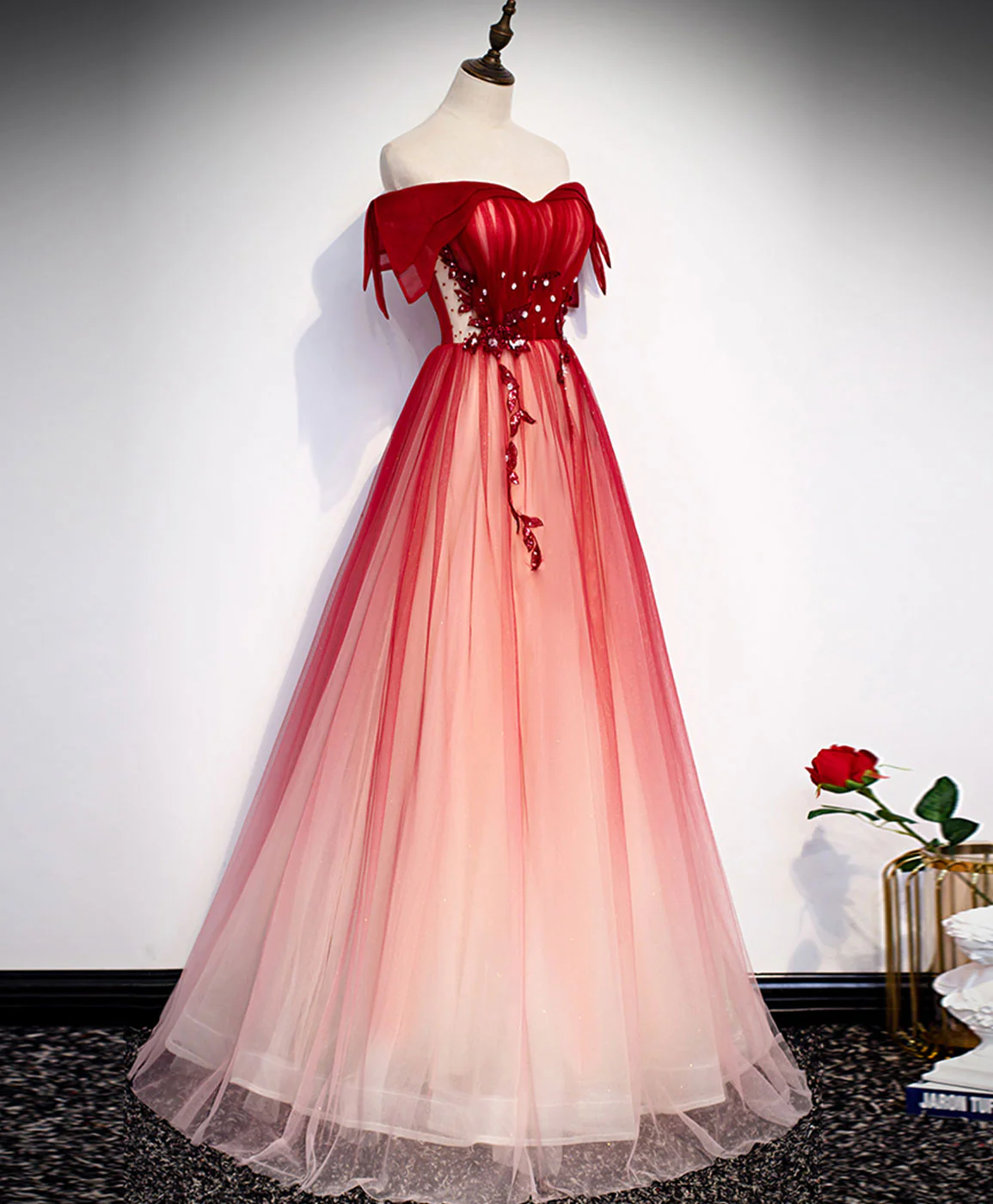 Burgundy Off Shoulder Tulle Long Prom Dress Burgundy Formal Dress MD7236