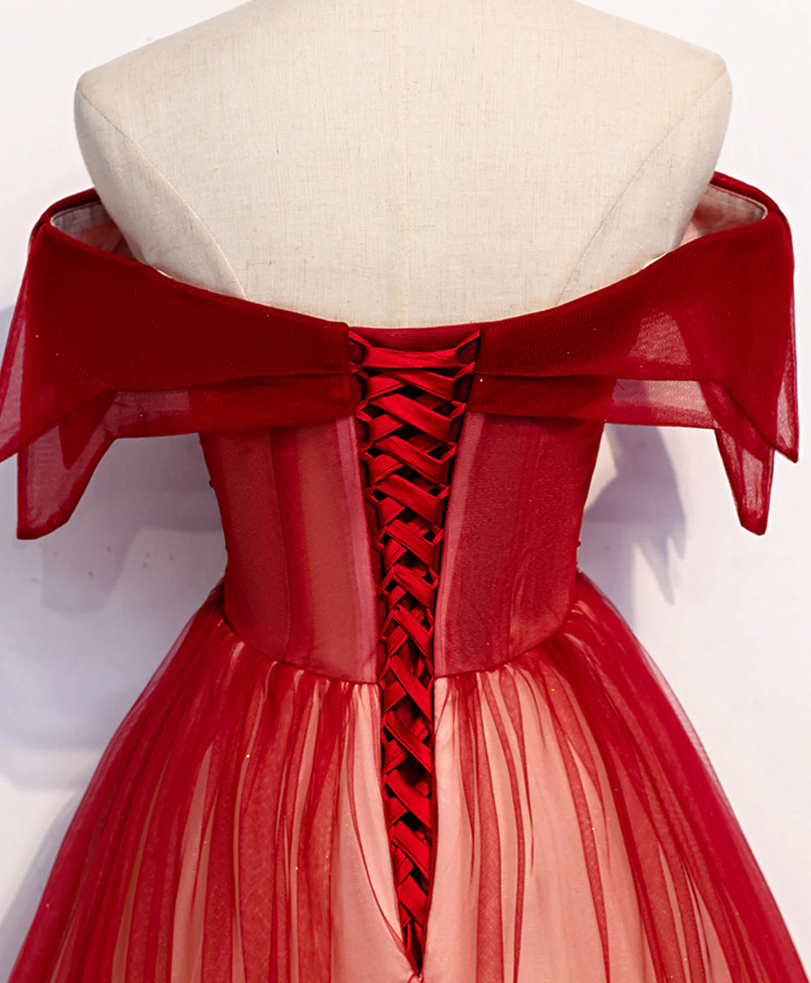 Burgundy Off Shoulder Tulle Long Prom Dress Burgundy Formal Dress MD7236
