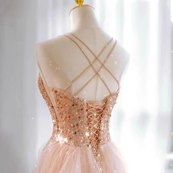 Shiny Pink Straps A-Line Sequins Long Evening Party Dress MD7334