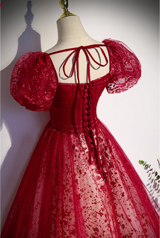 Dreamy Burgundy A-Line Tulle Long Prom Dress Graduation Dress MD7307
