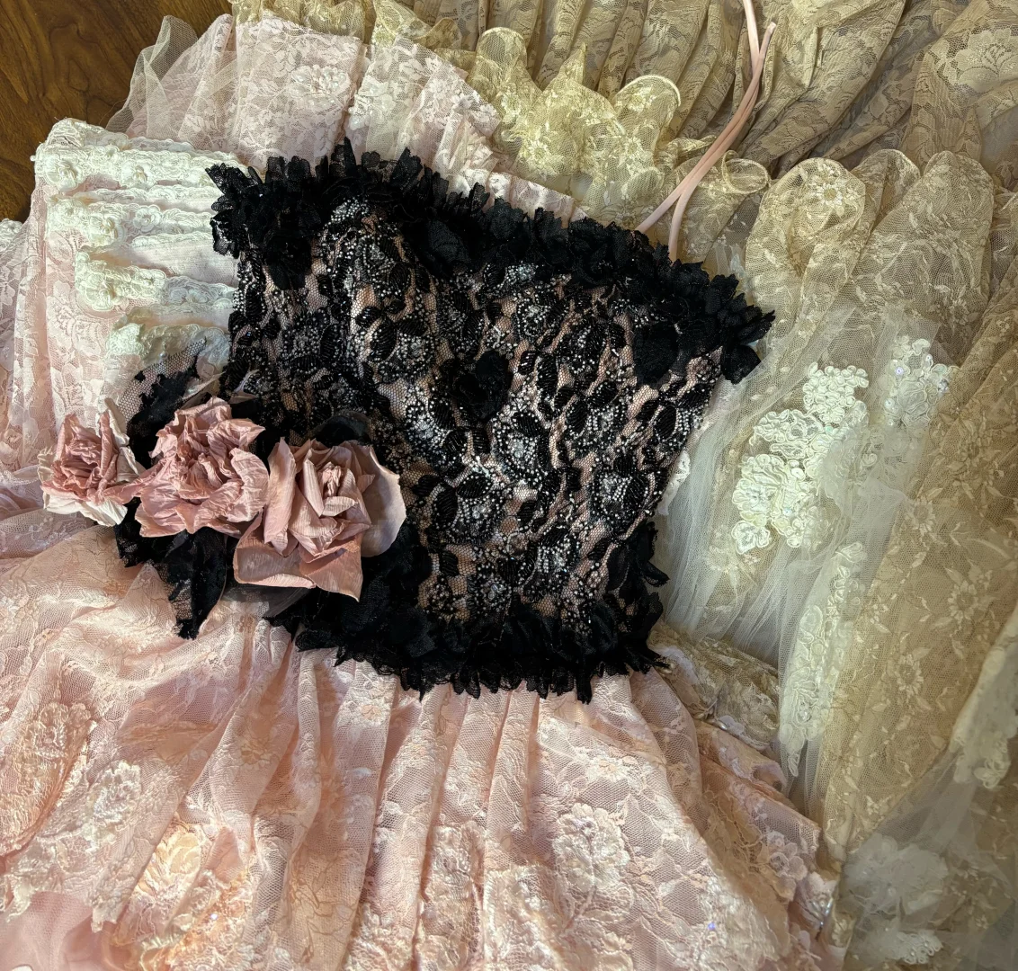 Pink Strapless A-Line Lace Tiered Princess Ball Gowns Formal Evening Gowns, D1117