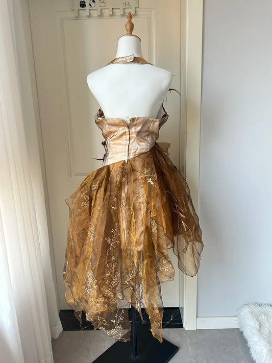 New Homecoming Dress Halter Feather Pleated Back to School Outfits Party Dress D6486