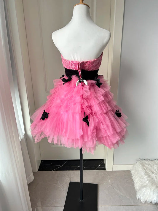 Pretty Homecoming Dress Strapless Flower Tulle Cascade Back to School Outfits Party Dress D6479