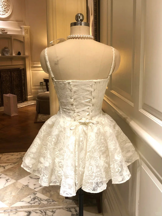 New Homecoming Dress Spaghetti Strap Flower Lace Dress Back to School Outfits Party Dress D6399