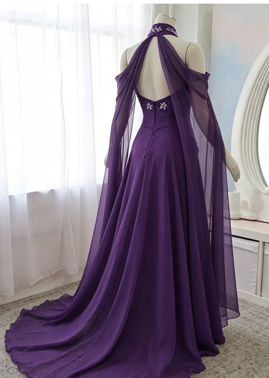 Purple Sweetheart A-Line Chiffon Long Party Dress Vintage Evening Dress, D784