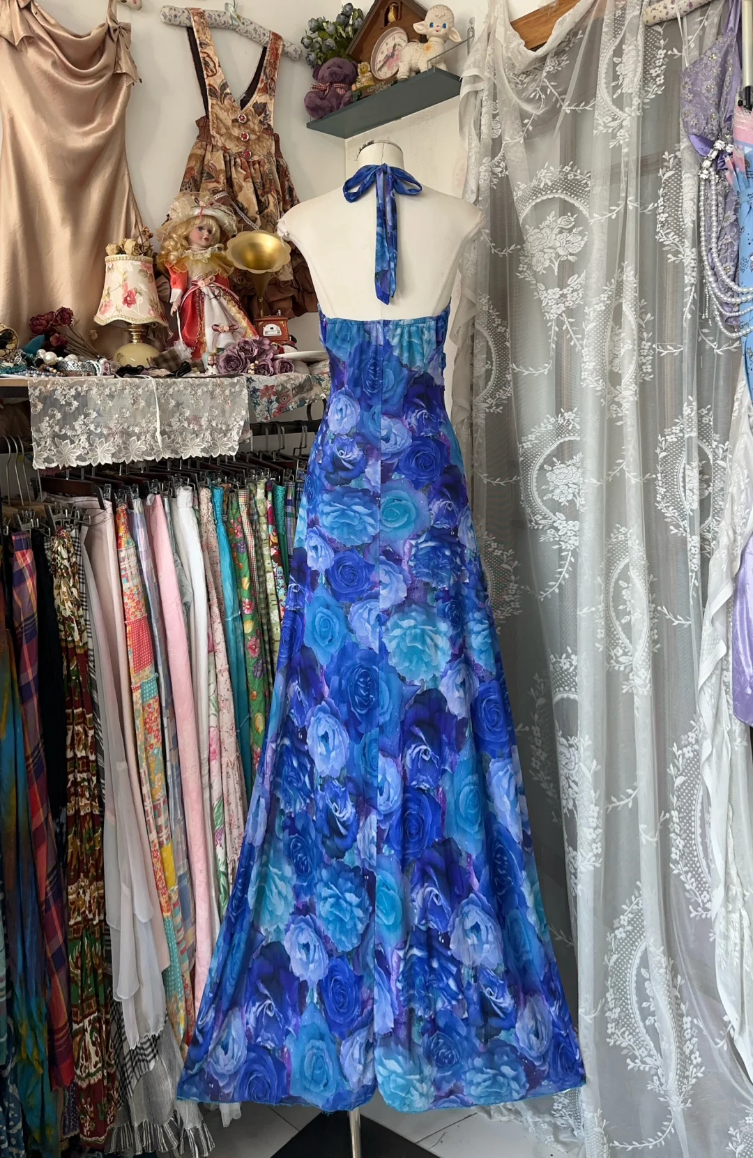 Vintage Navy Blue Floral V-neck Halter Dress Elegant A-Line Long Evening Dress Prom Dresses D1672