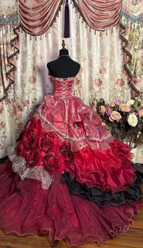 Wine Red Strapless A-Line Lace Chiffon Floral Long Prom Dress Evening Ball Gown, D767