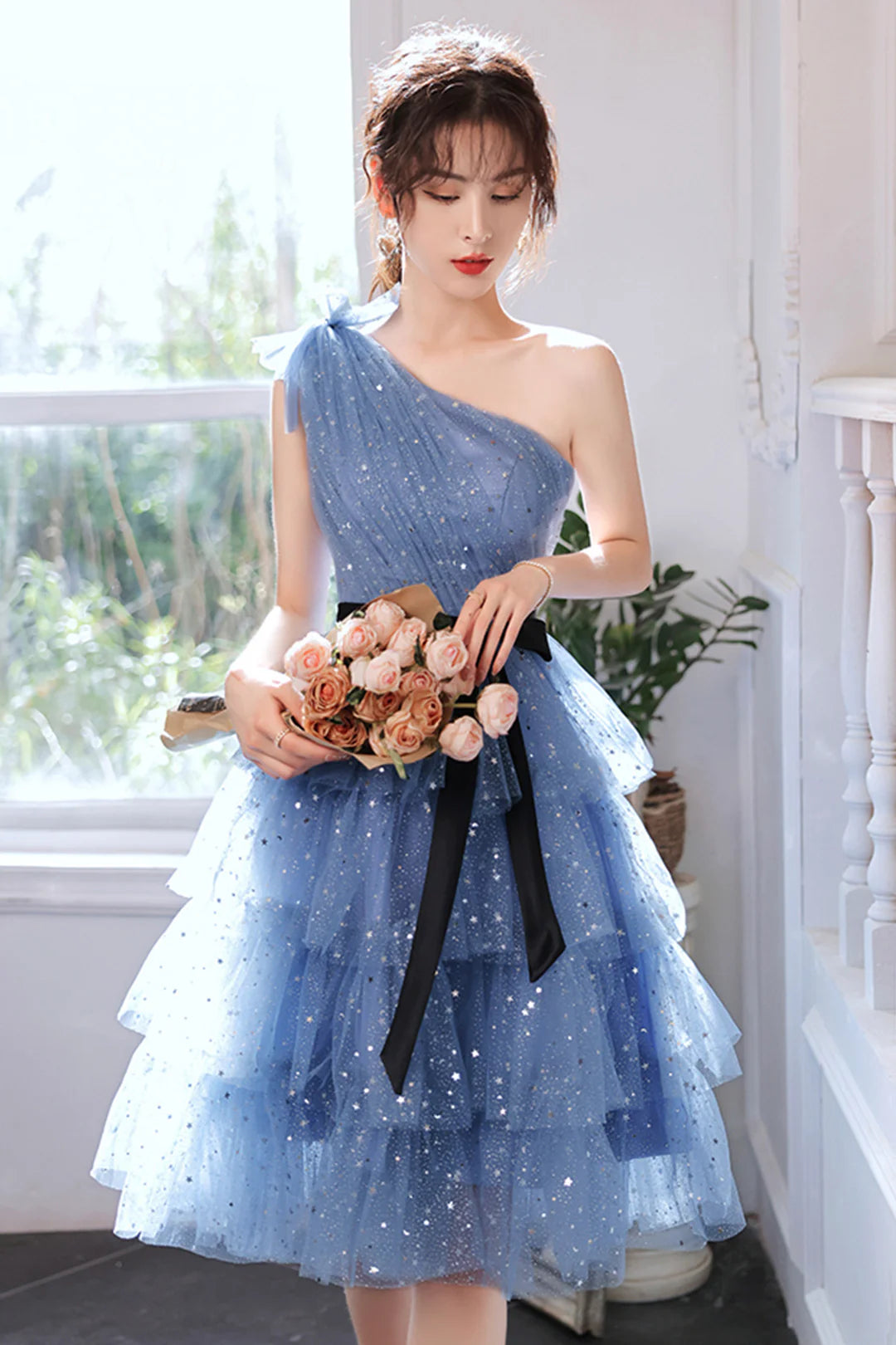 Shimmering Homecoming Dress One Shoulder Tulle Sequins Cascade Short Prom Dress Back to School Outfits Party Dress D6101