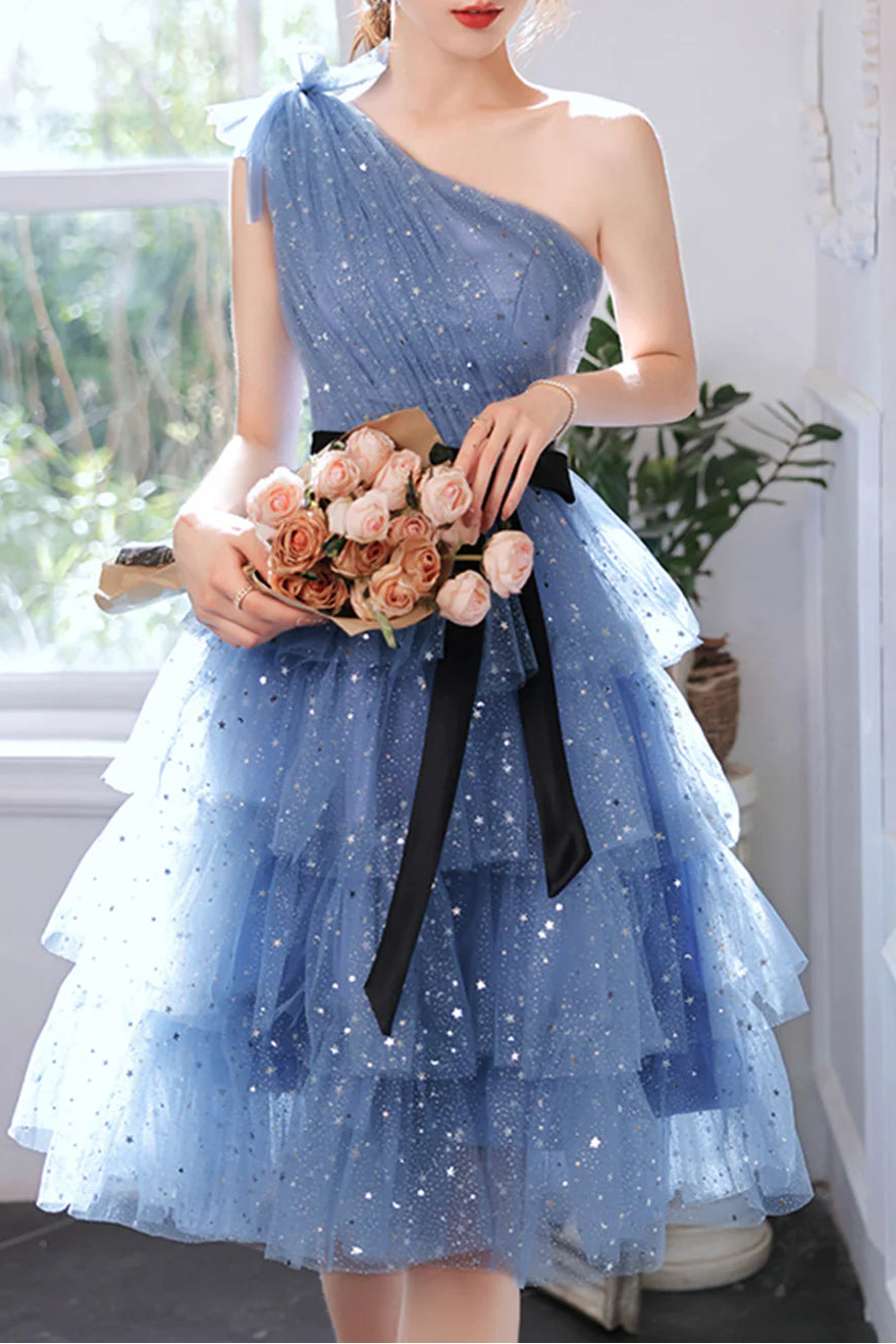 Shimmering Homecoming Dress One Shoulder Tulle Sequins Cascade Short Prom Dress Back to School Outfits Party Dress D6101