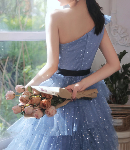 Shimmering Homecoming Dress One Shoulder Tulle Sequins Cascade Short Prom Dress Back to School Outfits Party Dress D6101