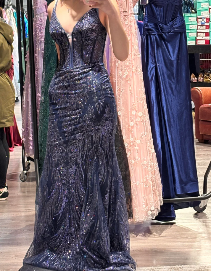 Stunning Prom Dress Navy Blue Spaghetti Straps Evening Dress Long Cocktail Outfits Gala Gown D5003