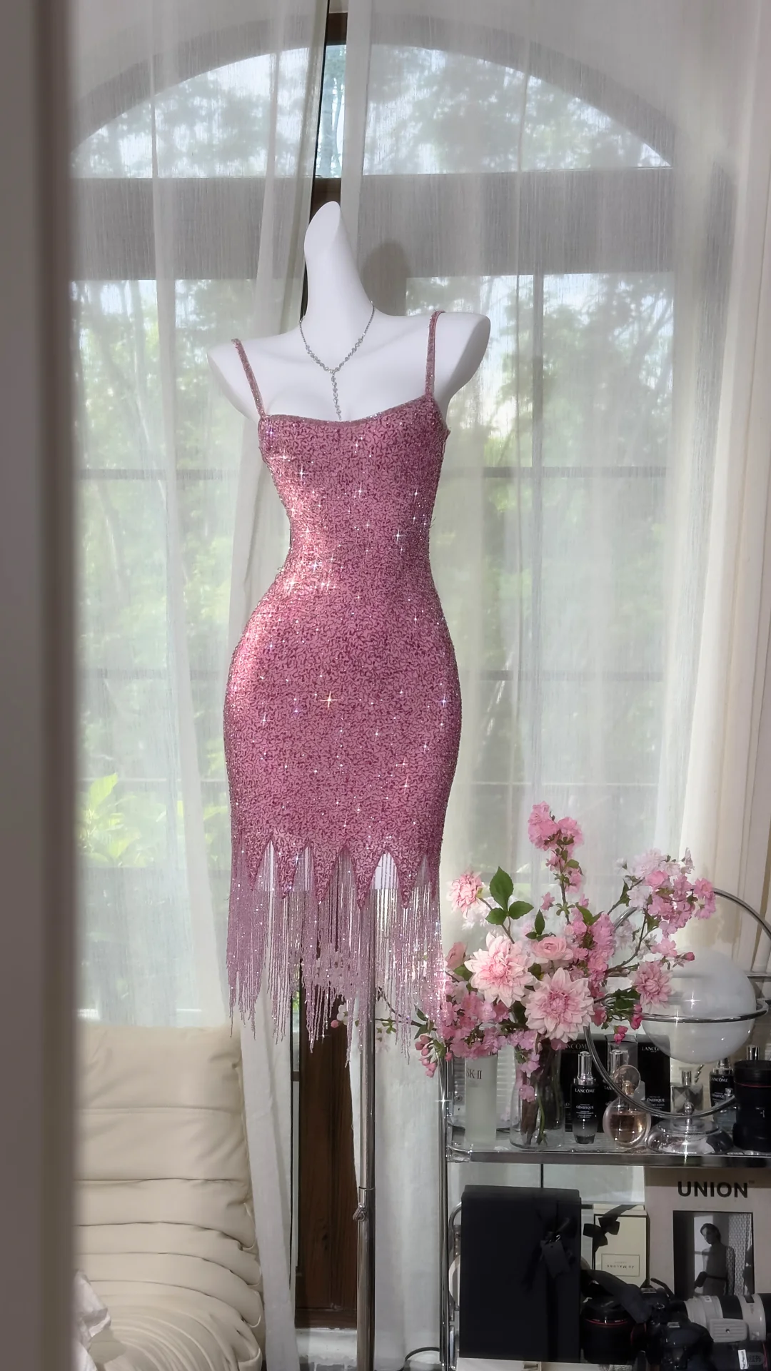 Vintage Pink Sparkling Sequin Spaghetti Strap Tassels Hem Romantic Evening Dress Prom Dresses D1606