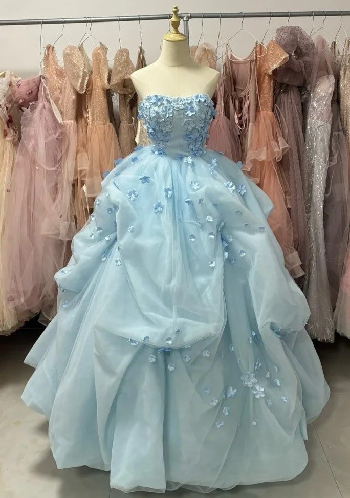 Robe de bal sublime bleu clair, col en V, tulle plissé, robe de soirée, robe de quinceañera, robe de bal D4654