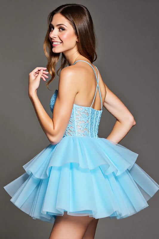 Unique Homecoming Dress Spaghetti Strap Applique Tulle Back to School Outfits Party Dress D7737
