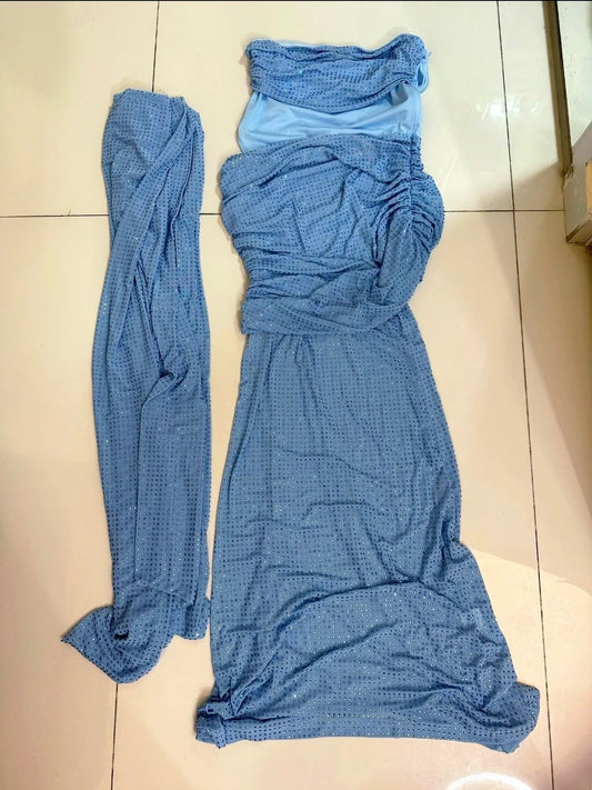 Shiny Prom Dress Blue Strapless Pleated Mermaid Formal Gala Gown Evening Dress Party Outfits D5089