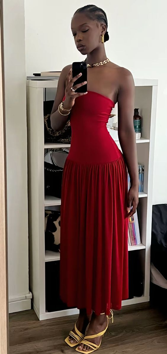 Charmante robe de soirée longue rouge sans bretelles, coupe trapèze, robe d'invitée de mariage MD7347
