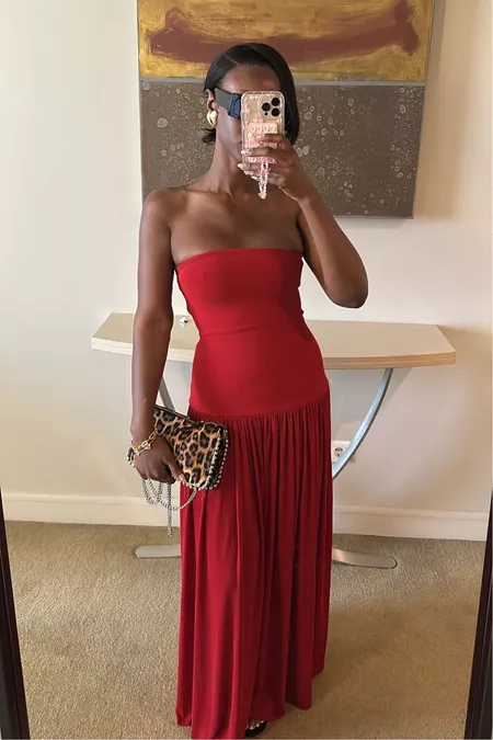 Charmante robe de soirée longue rouge sans bretelles, coupe trapèze, robe d'invitée de mariage MD7347