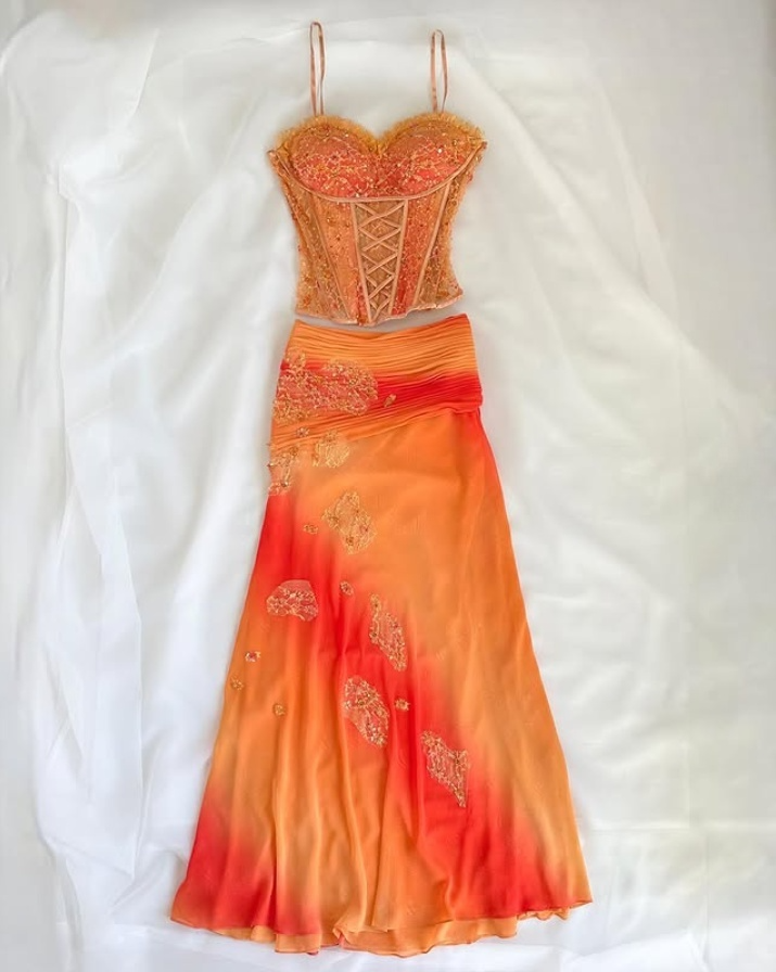 Orange Ombre Straps Two Pieces Sheath Chiffon Long Party Dresses, D870