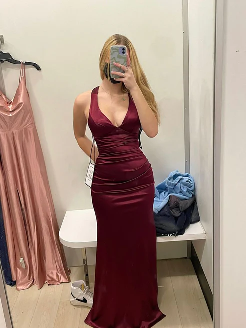 Robe de bal longue en satin bleu roi à col en V et coupe sirène MD7524