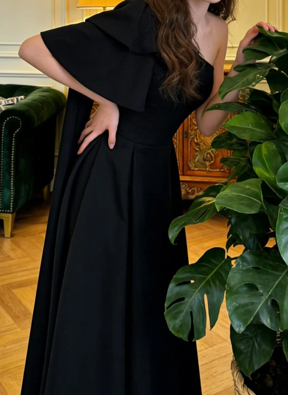 Elegant Prom Dress Black A Line One Shoulder Gala Gown Formal Evening Dress Graduation Outfits D5113