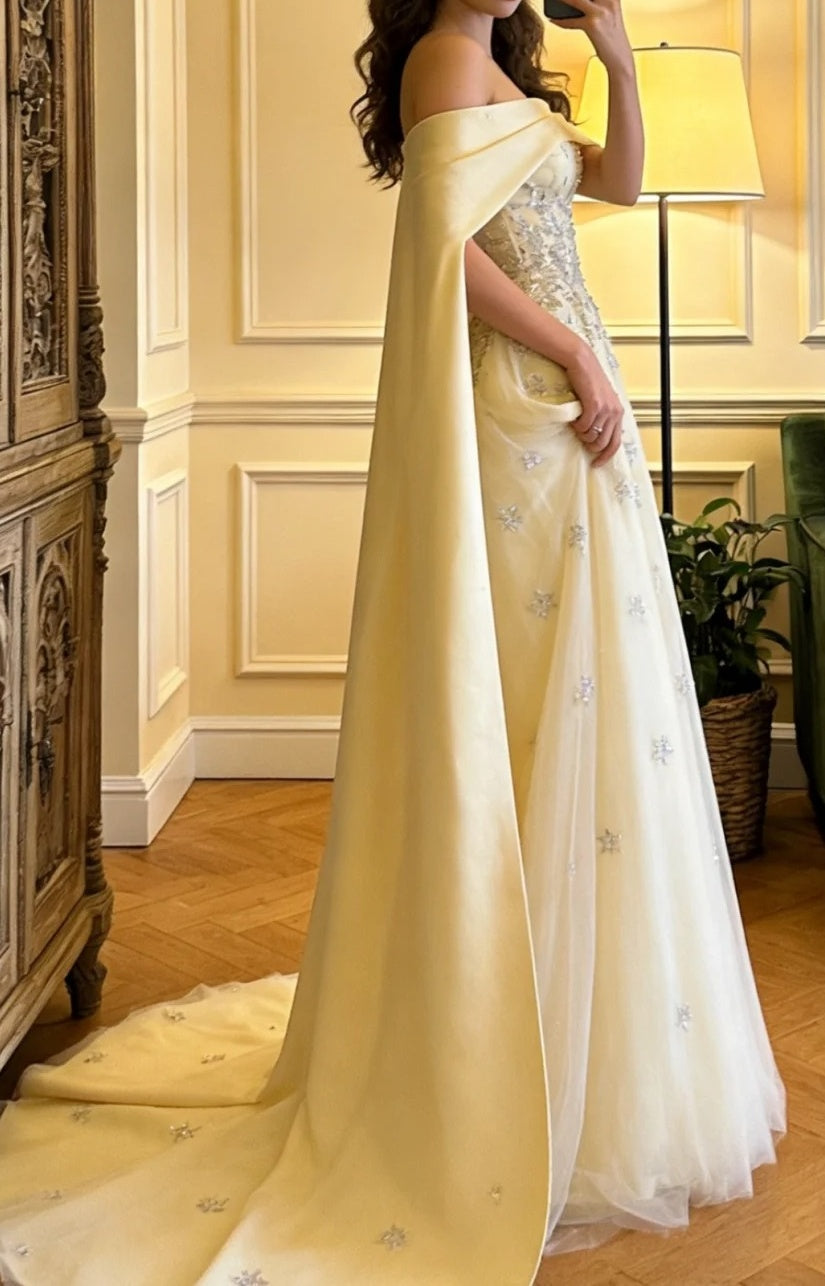 Stunning Prom Dress Light Yellow Off Shoulder Tulle Gala Gown Formal Evening Dress Graduation Outfits D5116