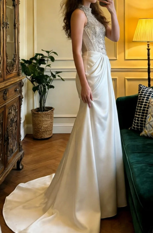 Gorgeous Prom Dress Crew Neck Beading Pleated Birthday Party Outfits Gala Gown Evening Dress D5124