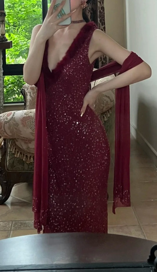 90s Shiny Prom Dress Wine Red V-neck Gala Gown Evening Dress Birthday Party Outfits D5139