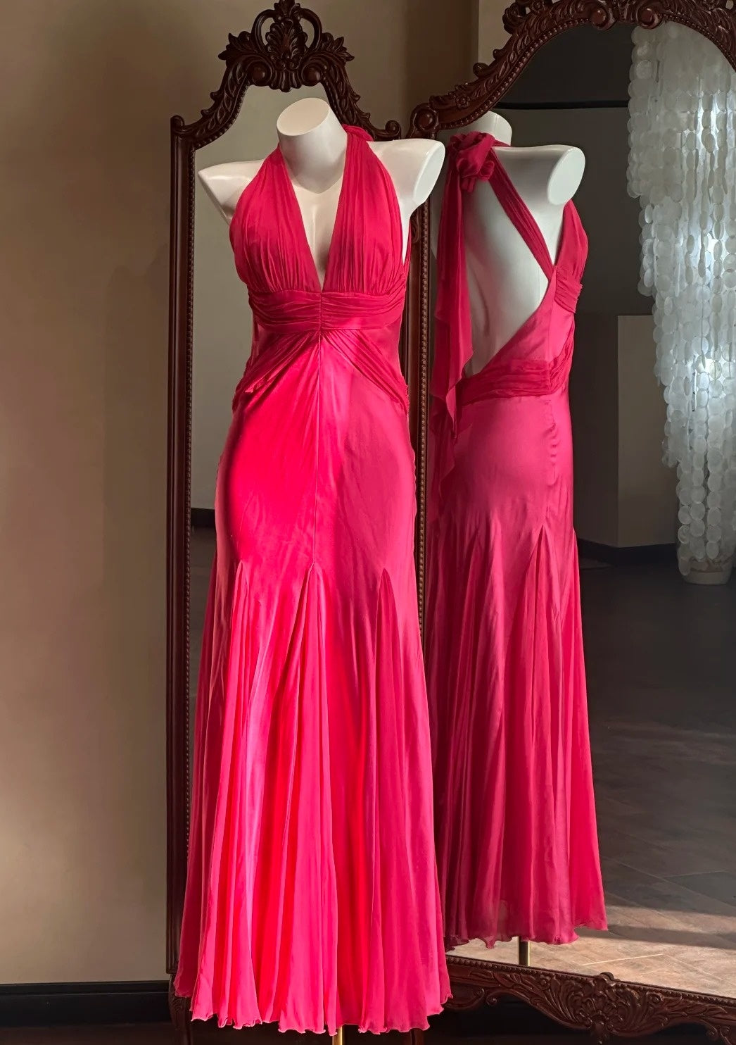 Pretty Prom Dress Hot Pink Halter Backless Mermaid Gala Gown Evening Dress Birthday Party Outfits D5150