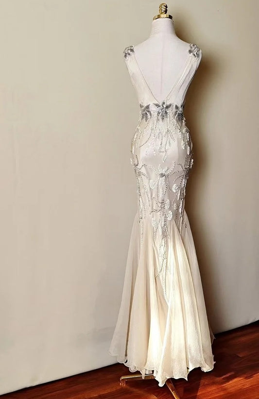 Elegant Prom Dress V-neck Beading Mermaid Gala Gown Evening Dress Birthday Party Outfits D5154