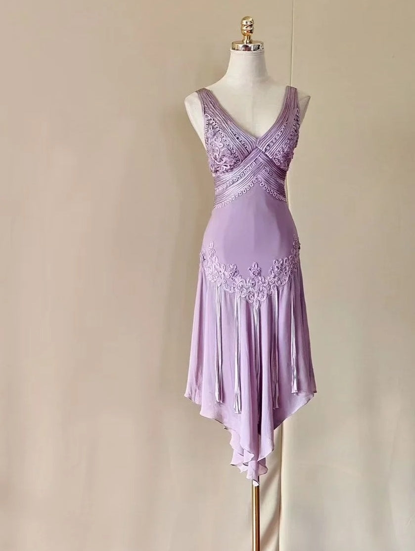 Elegant Prom Dress Light Purple V-neck Gala Gown Evening Dress Birthday Party Outfits D5155