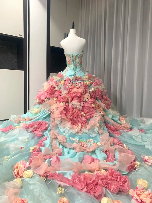 Colorful Ball Gown Strapless Floral Evening Dress Quinceanera Dress 18th Birthday Prom Gown D5162
