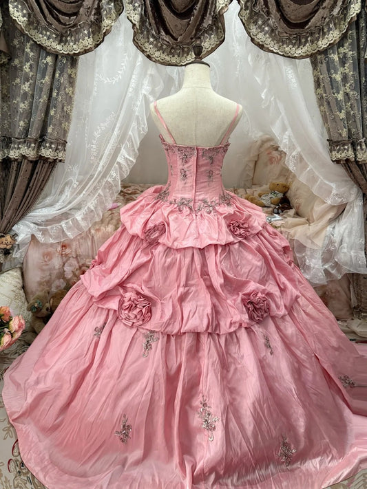 Charming Ball Gown Pink Spaghetti Straps Pleated Evening Dress Quinceanera Dress 18th Birthday Prom Gown D5163