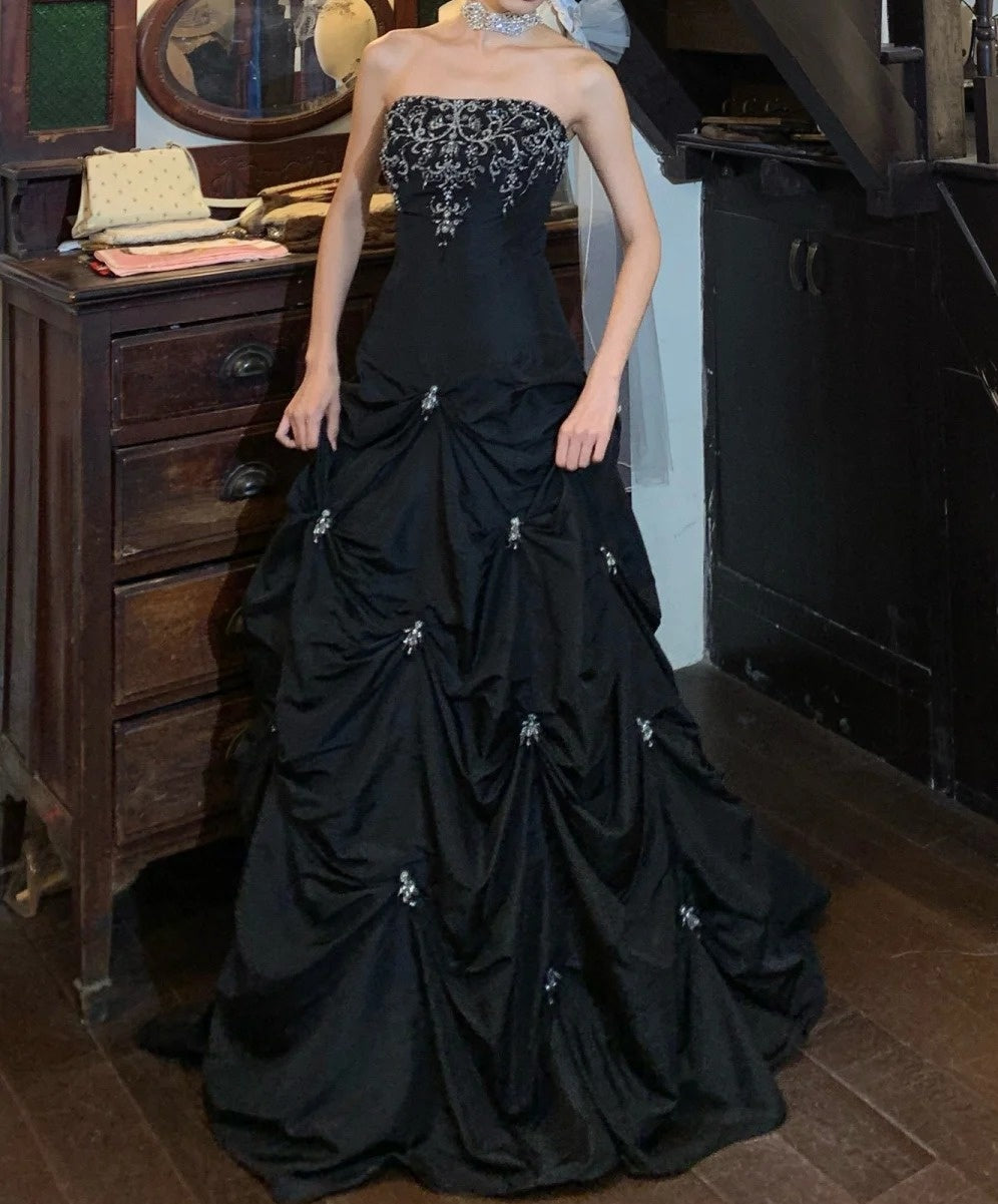 Chic Prom Dress Black Strapless Pleated Gala Gown Evening Dress Graduation Dress D5164