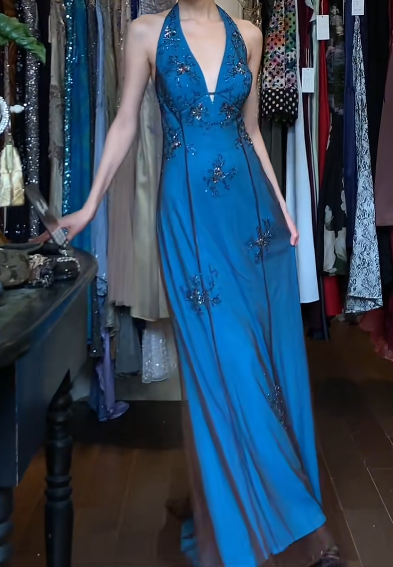 Stunning Prom Dress A Line Blue Halter Gala Gown Fomal Evening Dress Graduation Dress D5191