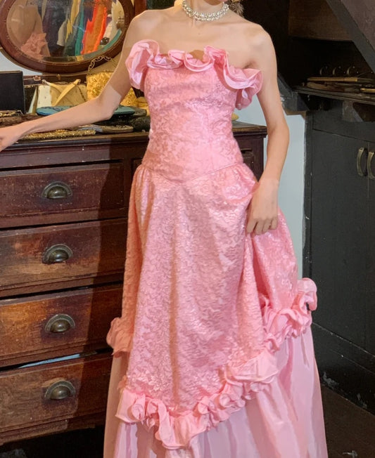 Beauty Prom Dress A Line Pink Strapless Ruffle Gala Gown Fomal Evening Dress Graduation Dress D5196