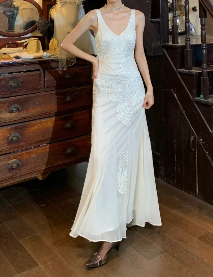 Elegant 90s Wedding Dress White V-neck Wedding Dress Party Dress D5220