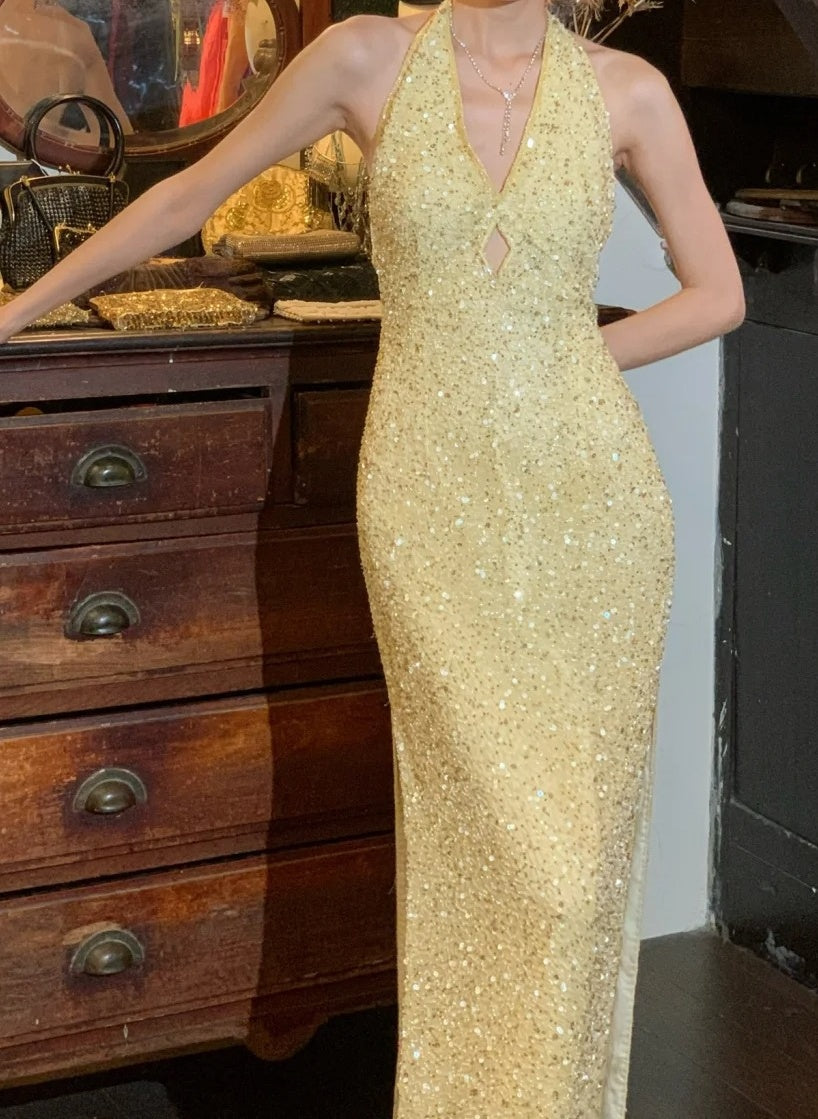 Shiny 90s Prom Dress Light Yellow V-neck Slit Gala Gown Formal Evening Dress 18th Birthday Party Dress D5224