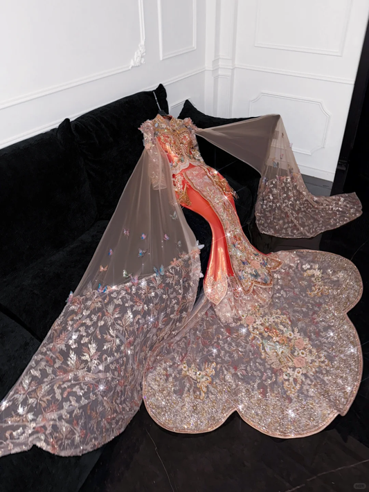 Wunderschöne glänzende Perlen Exquisite Stickerei 3D Schmetterlinge Meerjungfrau bodenlangen Abendkleid Ballkleider D1663