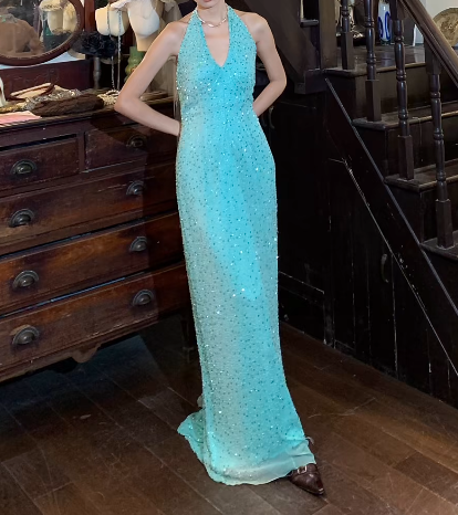 Shiny Prom Dress Halter Gala Gown Evening Dress Birthday Party Dress D5250