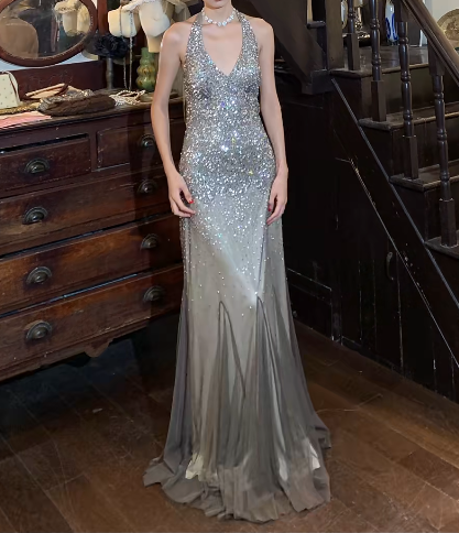 Sparkling 90s Prom Dress Halter Mermaid Gala Gown Evening Dress Birthday Party Dress D5252