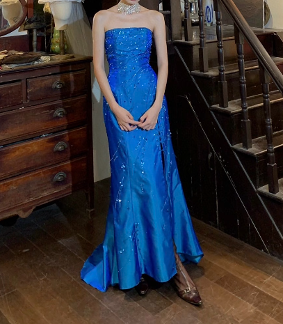 Charming Prom Dress Blue Satin Strapless Mermaid Gala Gown Evening Dress Birthday Party Dress D5258