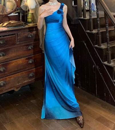 Retro 90s Prom Dress Ombre One Shoulder Gala Gown Evening Dress D5263