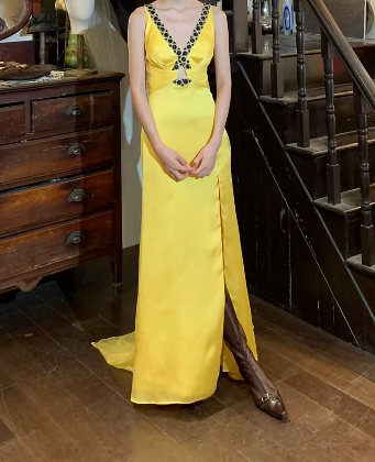 Retro 90s Prom Dress Yellow V-neck Slit Gala Gown Evening Dress D5264