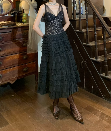 Vintage 50s Prom Dress Black V-neck Pleated Gala Gown Evening Dress D5266