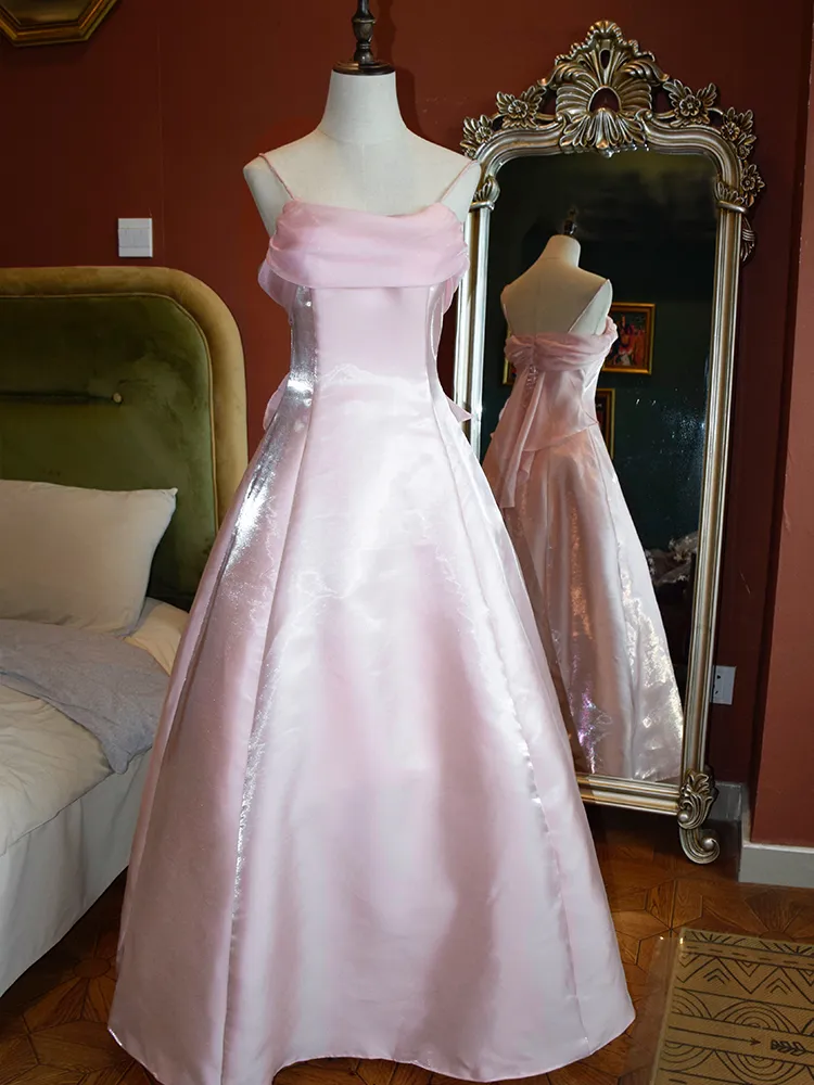 Robe de soirée longue lilas à bretelles spaghetti, coupe trapèze, style vintage, MD7568