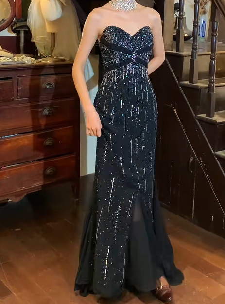 Gorgeous Prom Dress Black Satin A Line Sweetheart Beaded Gala Gown Evening Dress D5275